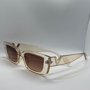 Chic Beige Rectangle Sunglasses with V Detail - Trendy Fashion Shades